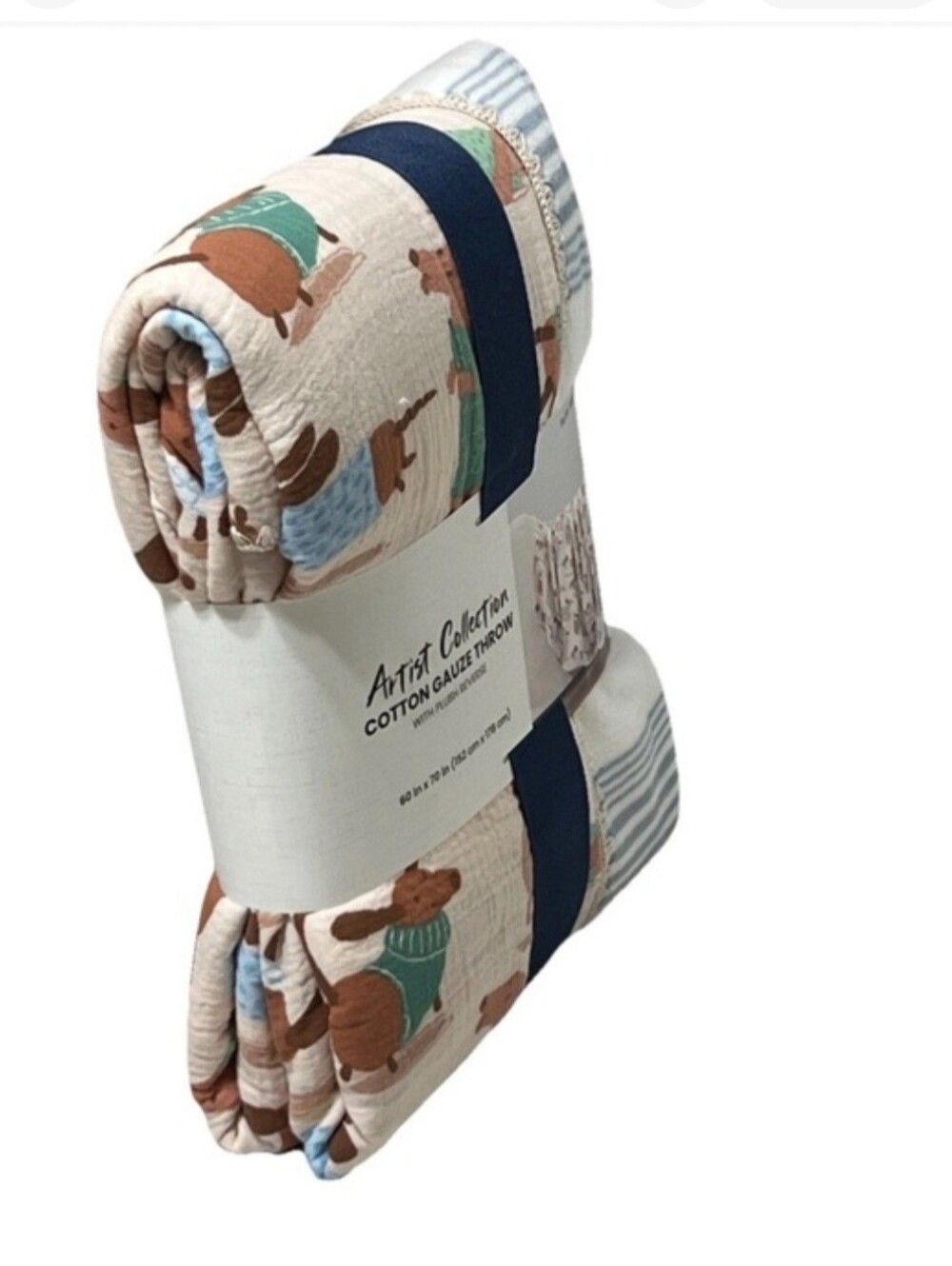 Cotton Gauze Throw Blanket - Blue, Cream Dachshund Print - Picture 2 of 7